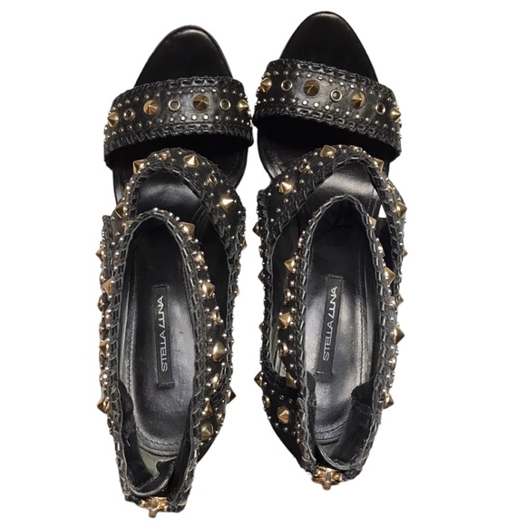 Stella Luna Y2K 37.5 7 US Black Leather Gold Studded Zip Strappy Stiletto Heels - Picture 12 of 12